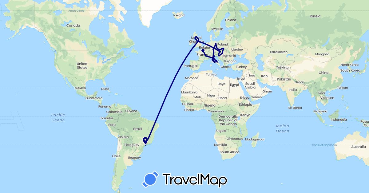 TravelMap itinerary: driving in Austria, Brazil, Czech Republic, Germany, France, United Kingdom, Croatia, Hungary, Italy, Poland, Slovenia, Slovakia, Vatican City (Europe, South America)